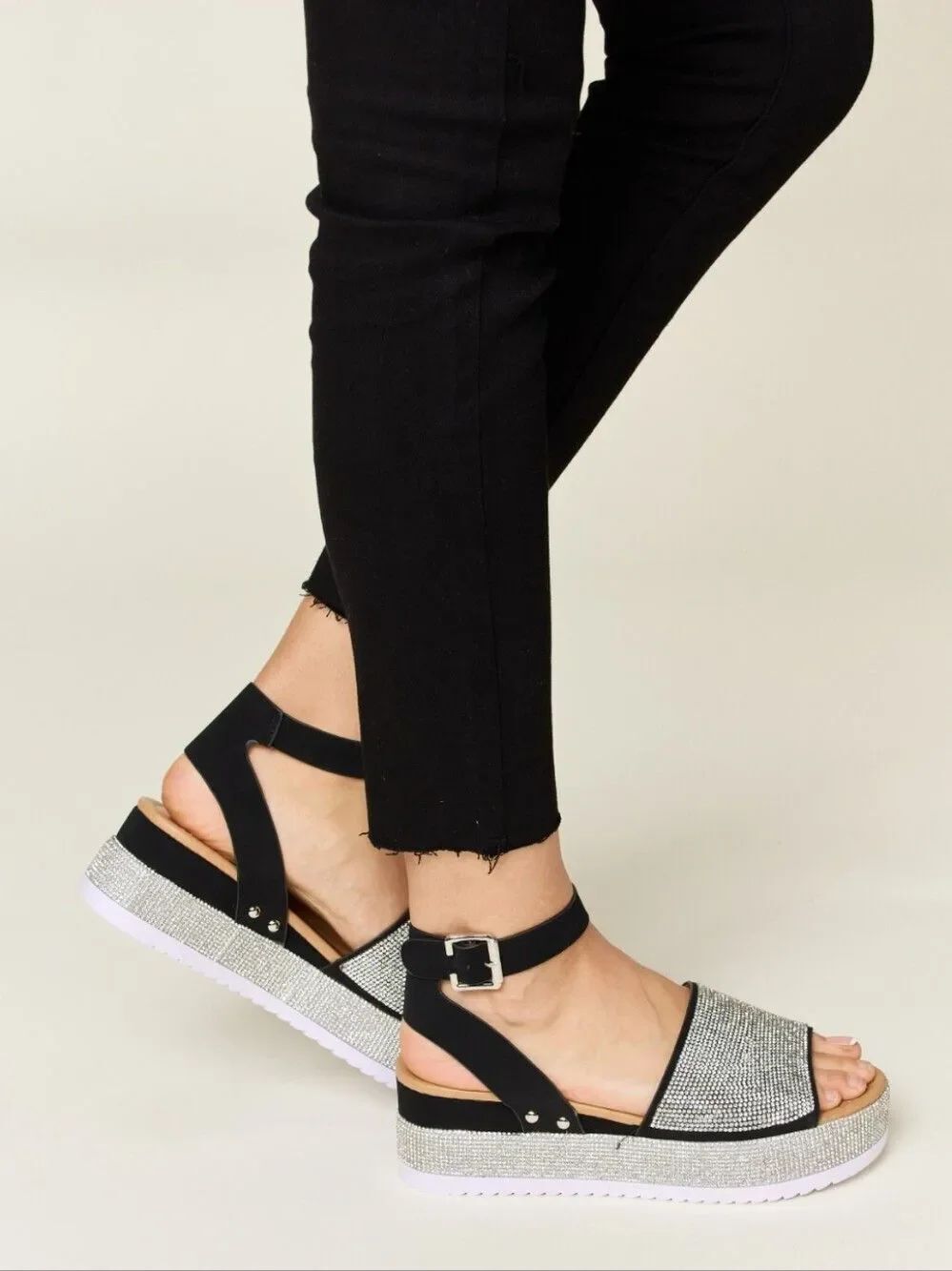 Wide Strap Platform Sandals Black w/ Silver Rhinestone Upper Women's 7.5